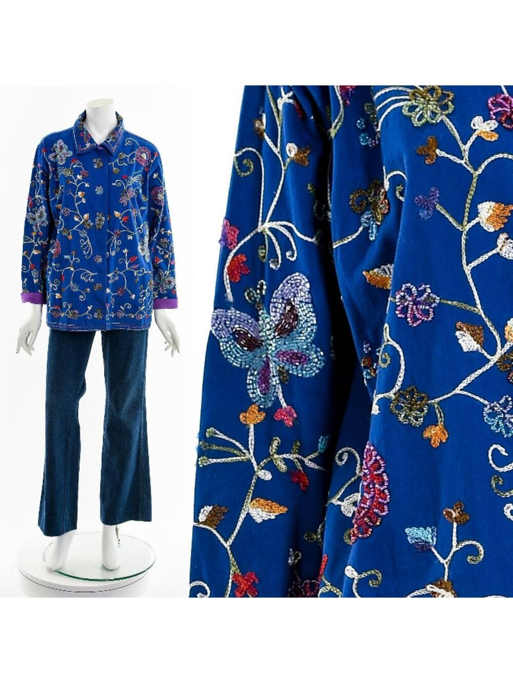 Blue Beaded Butterfly Embroidered Chore Coat